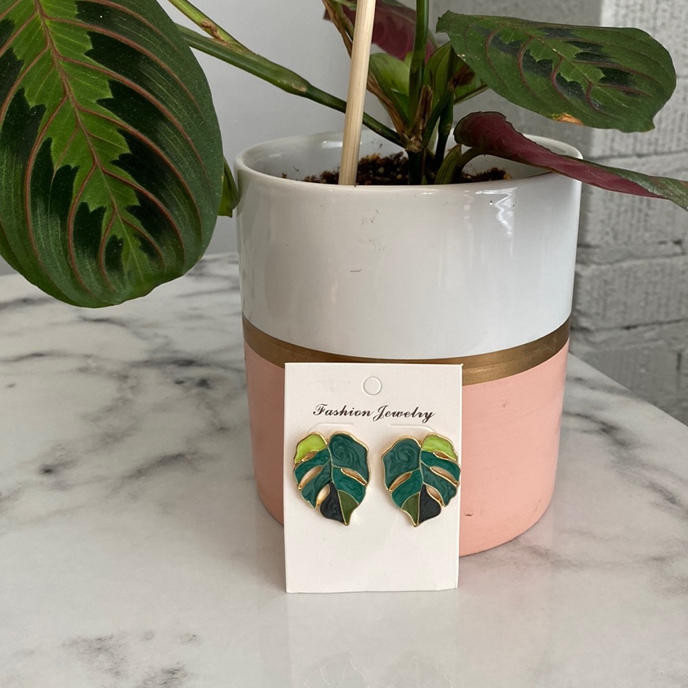 Green Monstera Leaf Plant Gold & Green Enamel Earrings NEW Boho